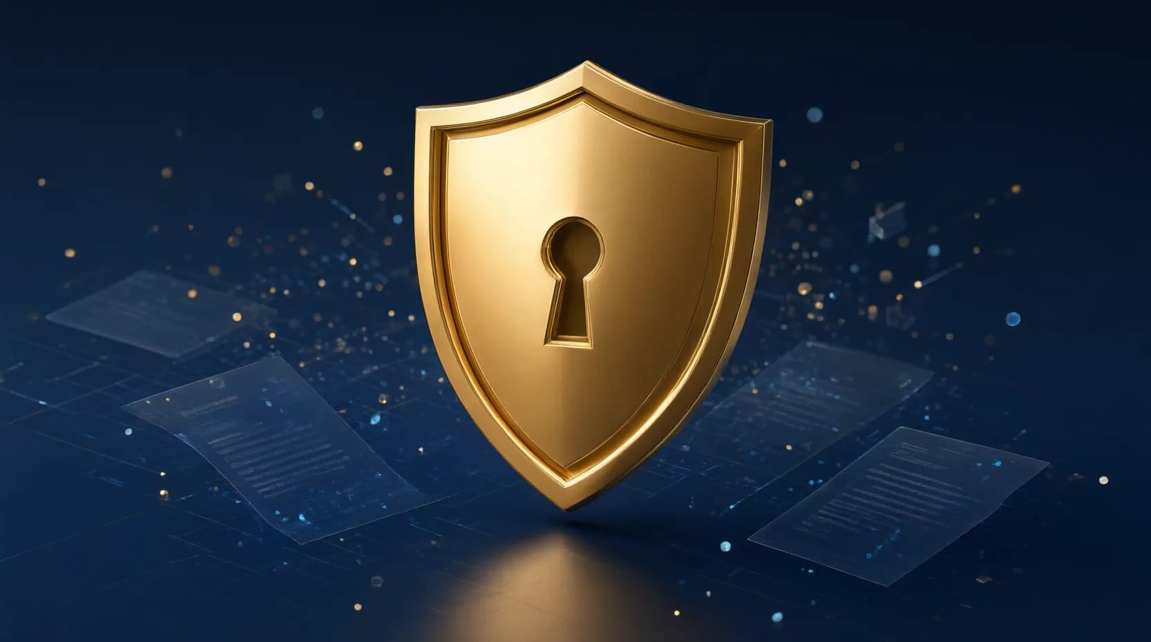 Escudo dourado sobre documentos digitais em azul-marinho — proteção de dados e conformidade